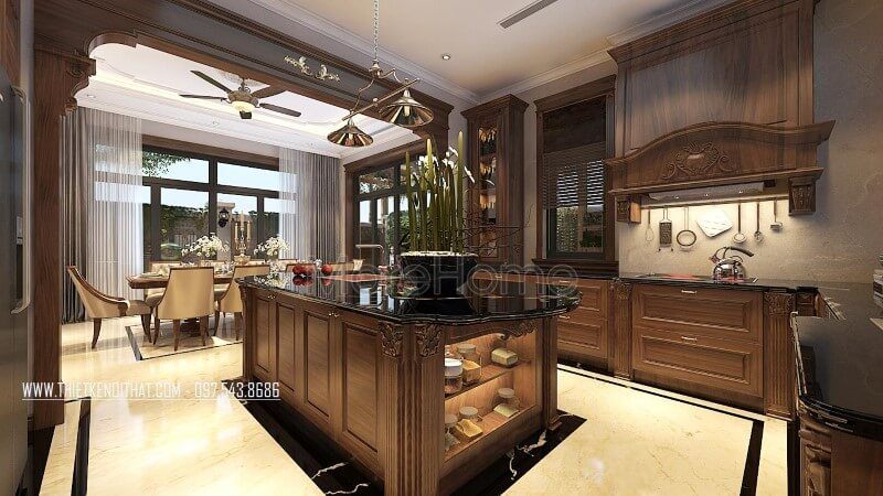 Mẫu tủ bếp gỗ óc chó tân cổ điển cao cấp đẹp tại biệt thự Vinhomes Greenbay Hà Nội