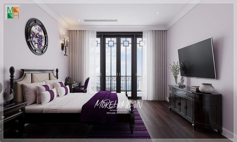 Kệ tủ tivi mang kiểu dáng thiết kế đơn giản song lại góp phần tạo nên sự độc đáo và ấn tượng cho không gian phòng ngủ của gia đình.