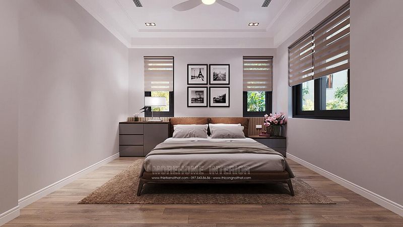 Giường ngủ bằng gỗ óc chó hiện đại và tinh tế đã được sử dụng cho nội thất phòng ngủ của biệt thự Starlake Tây Hồ, Hà Nội.
