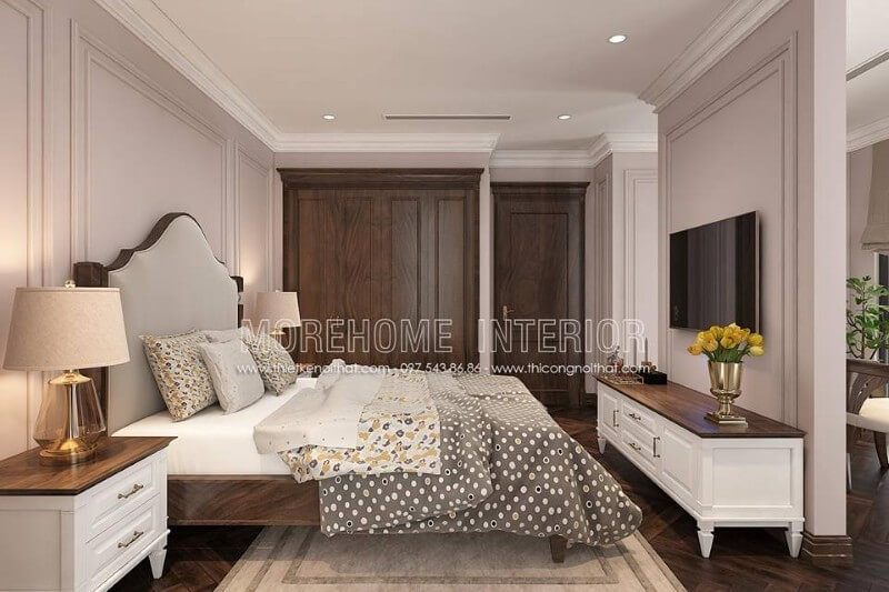Chúng tôi đang thiết kế nội thất giường ngủ đẹp với vật liệu gỗ óc chó phong cách tân cổ điển cho biệt thự tại Hà Nội.