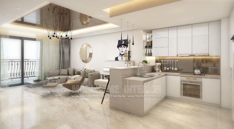 . Tủ bếp gỗ Acrylic màu trắng tinh tế, đồng bộ với màu sắc của không gian sinh hoạt chung, góp phần tạo nên sự đồng nhất, sang trọng nhưng không bị rối mắt.